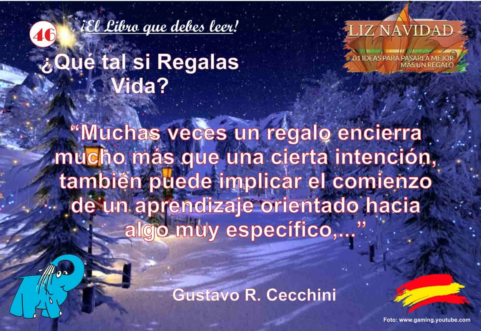 Frase del Libro Feliz Navidad de Gustavo Rubén Cecchini Muchas veces un regalo encierra mucho más que una cierta intención, también puede implicar el comienzo de un aprendizaje orientado hacia algo muy específico.